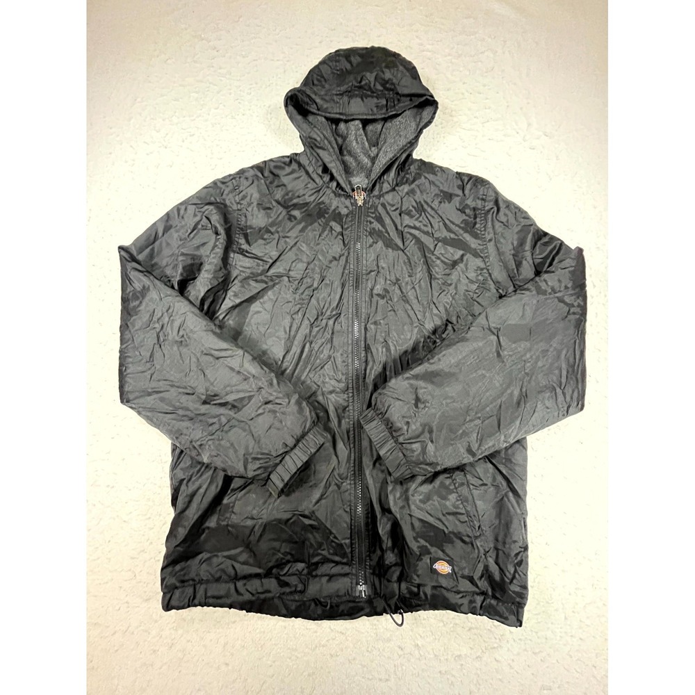 Dickies Windbreaker Jacket Womens XL Black Nylon Fleece Lined Full Zip Hooded